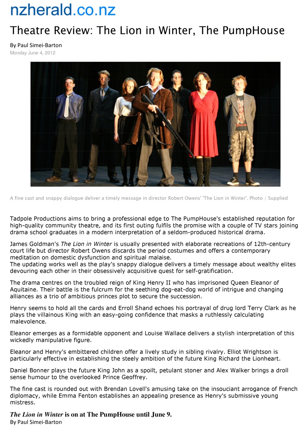 Microsoft Word - Theatre Review - The Lion in Winter, The PumpHo